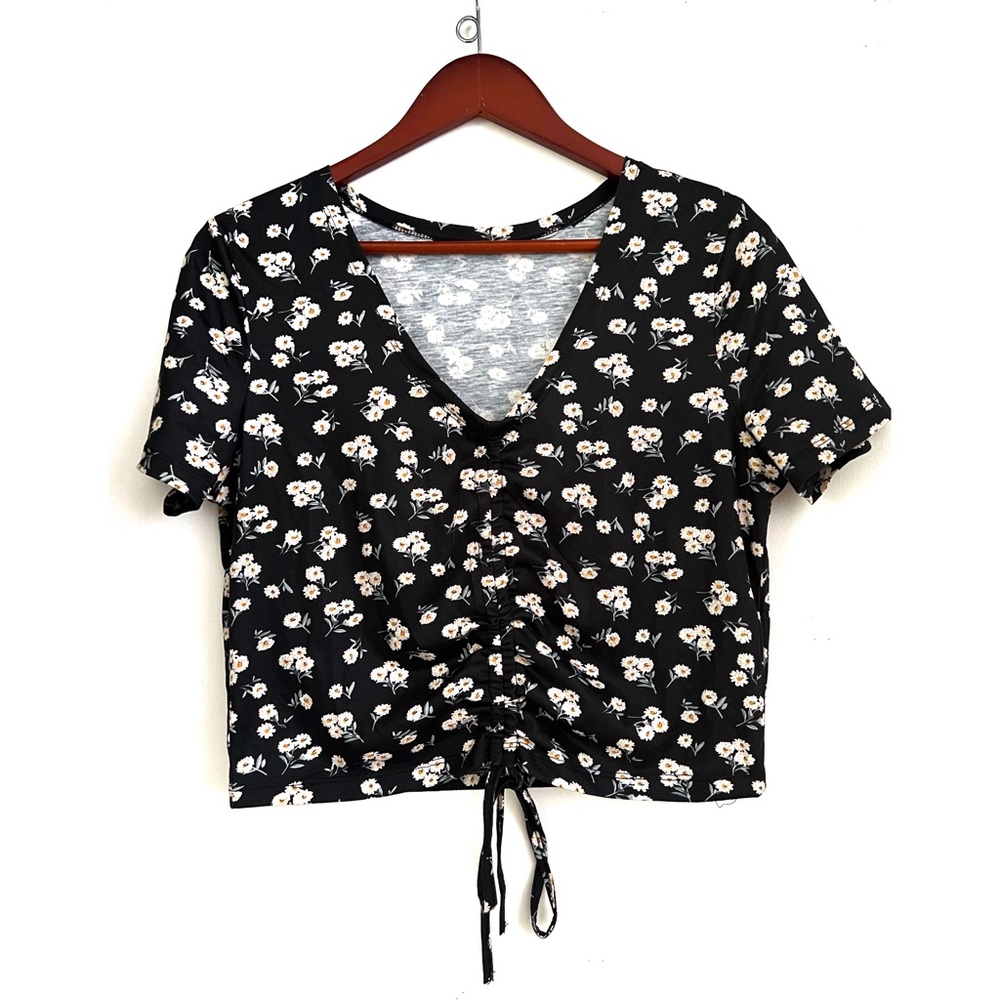 Shein Black Ditzy floral tie up crop top XL